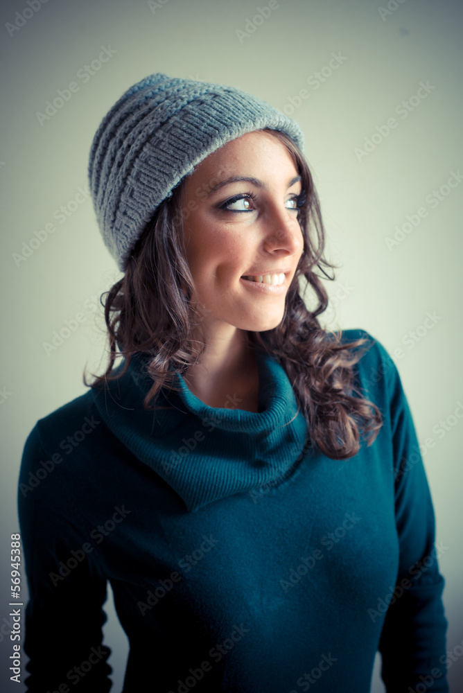 beautiful woman with turtleneck, cap and belt autumn