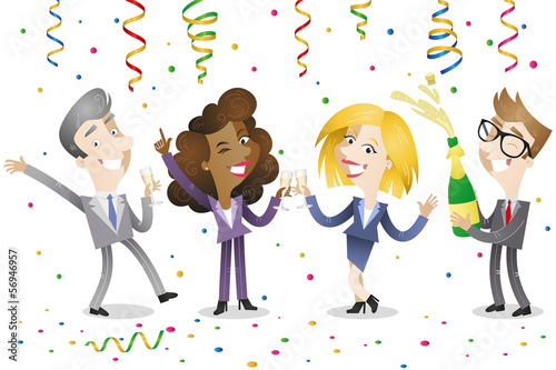 Business people, celebrating, champagne, confetti