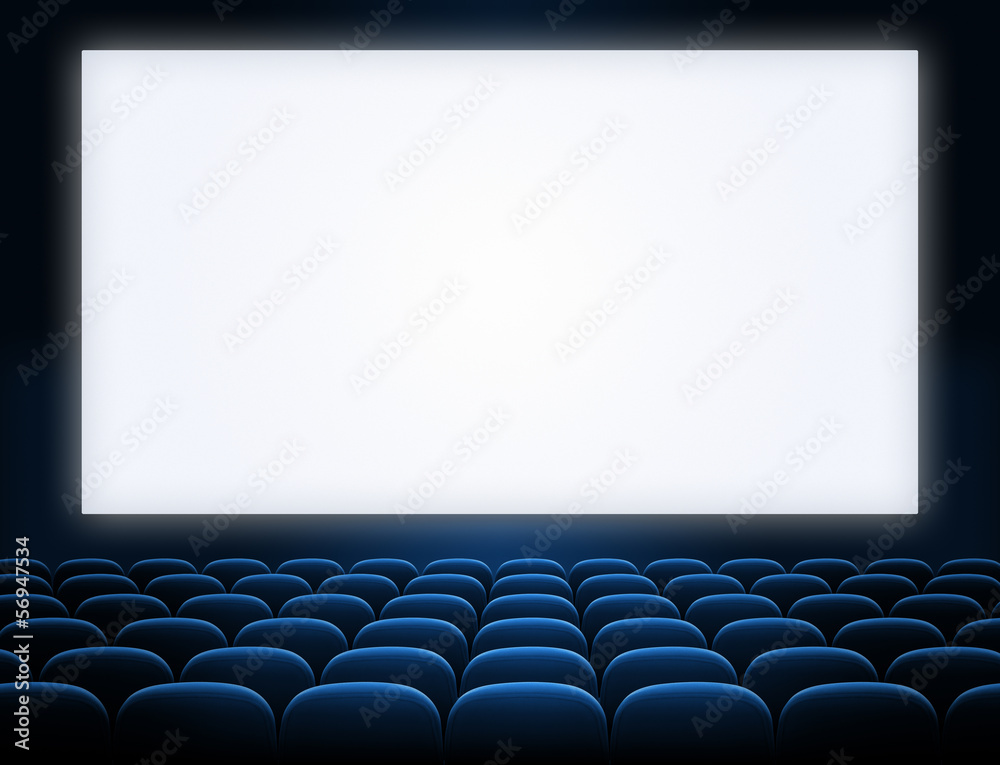 cinema screen with open blue seats