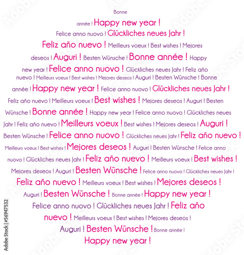 Pink and purple Happy New Year in several languages word cloud.