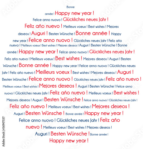 Red and blue Happy New Year in several languages word cloud.