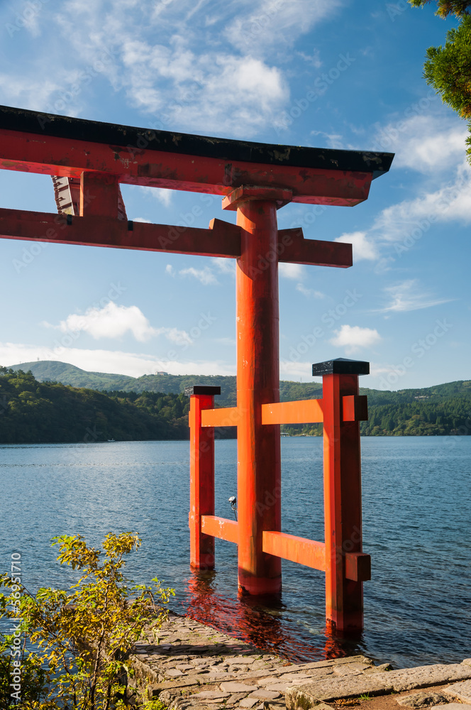 A torii gate near Mount Fuji.