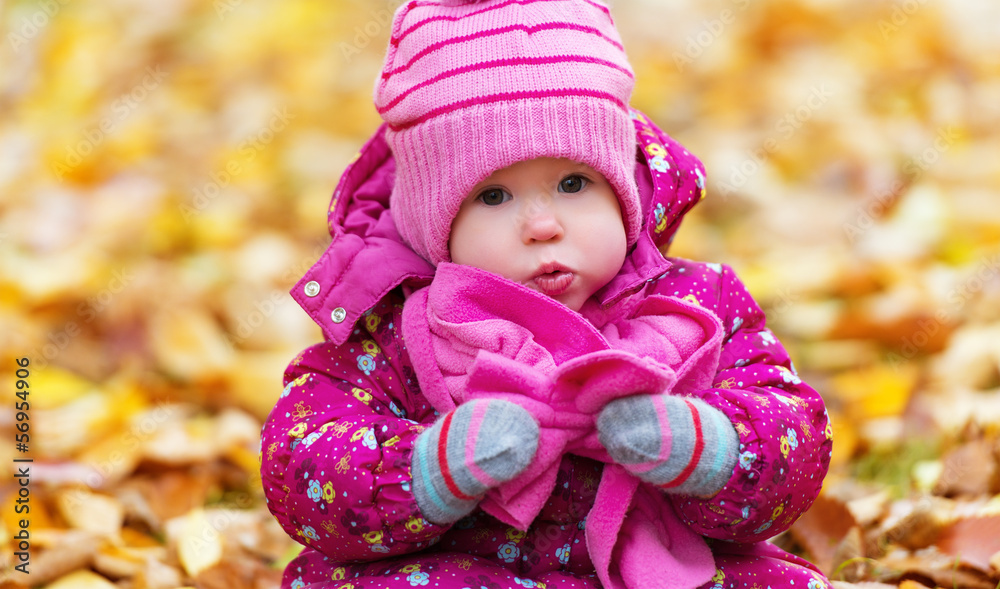 funny happy baby girl child outdoors in the park in autumn funny happy baby girl child outdoors in the park in autumn