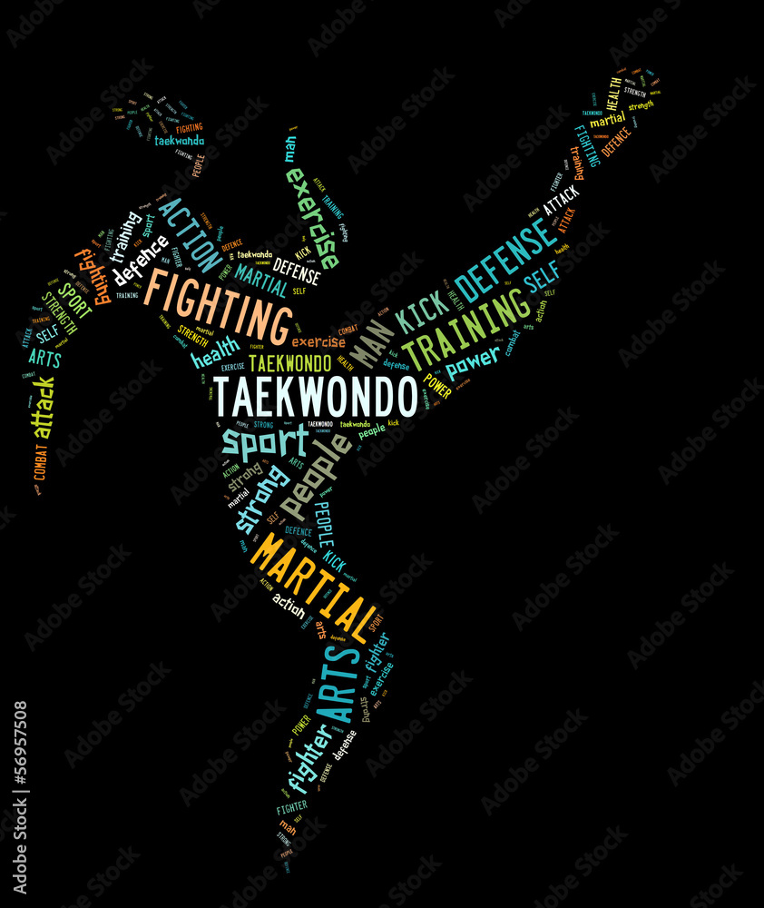 taekwondo pictogram with colorful related wordings on black back