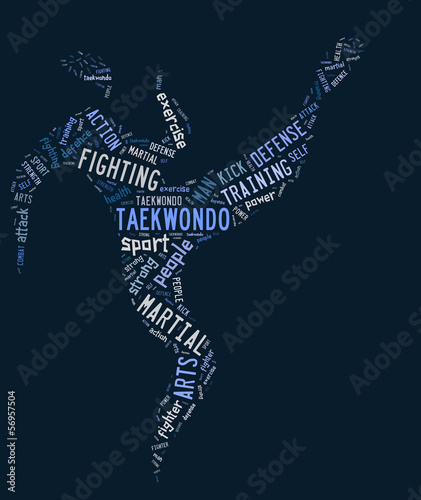 taekwondo pictogram with related wordings on blue background
