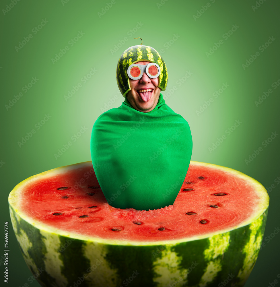 Funny man with watermelon helmet and googles Stock Photo | Adobe Stock