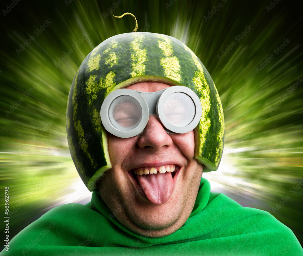 Funny man with watermelon helmet and googles - obrazy, fototapety, plakaty 