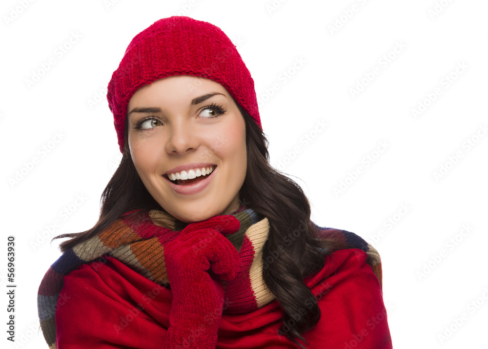 Mixed Race Woman Wearing Mittens and Hat Looks to Side Mixed Race Woman Wearing Mittens and Hat Looks to Side