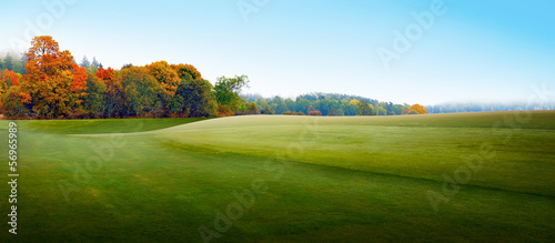 rural landscape in foggy autumn photo