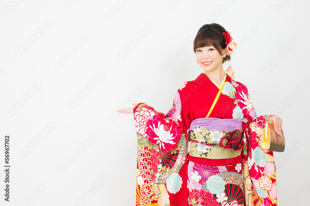 Beautiful asian kimono woman on white background