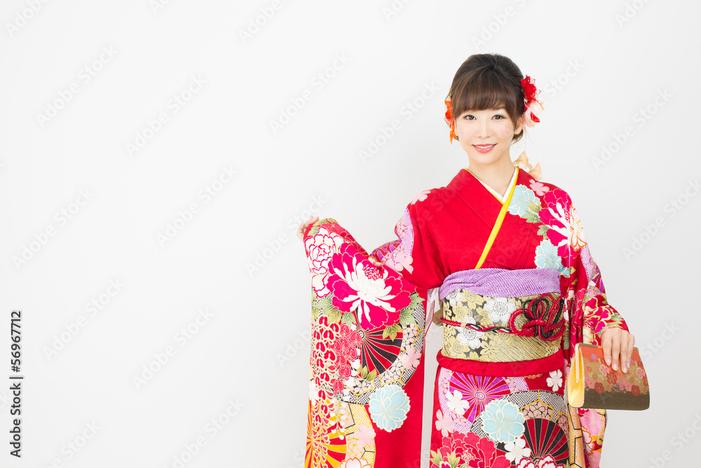 Beautiful asian kimono woman on white background