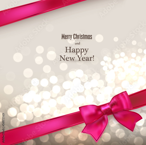 Christmas card with red gift bow.