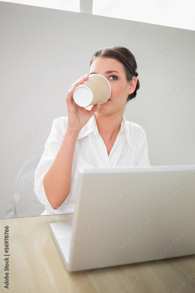 Pensive gorgeous businesswoman drinking coffee while using lapto Pensive gorgeous businesswoman drinking coffee while using lapto