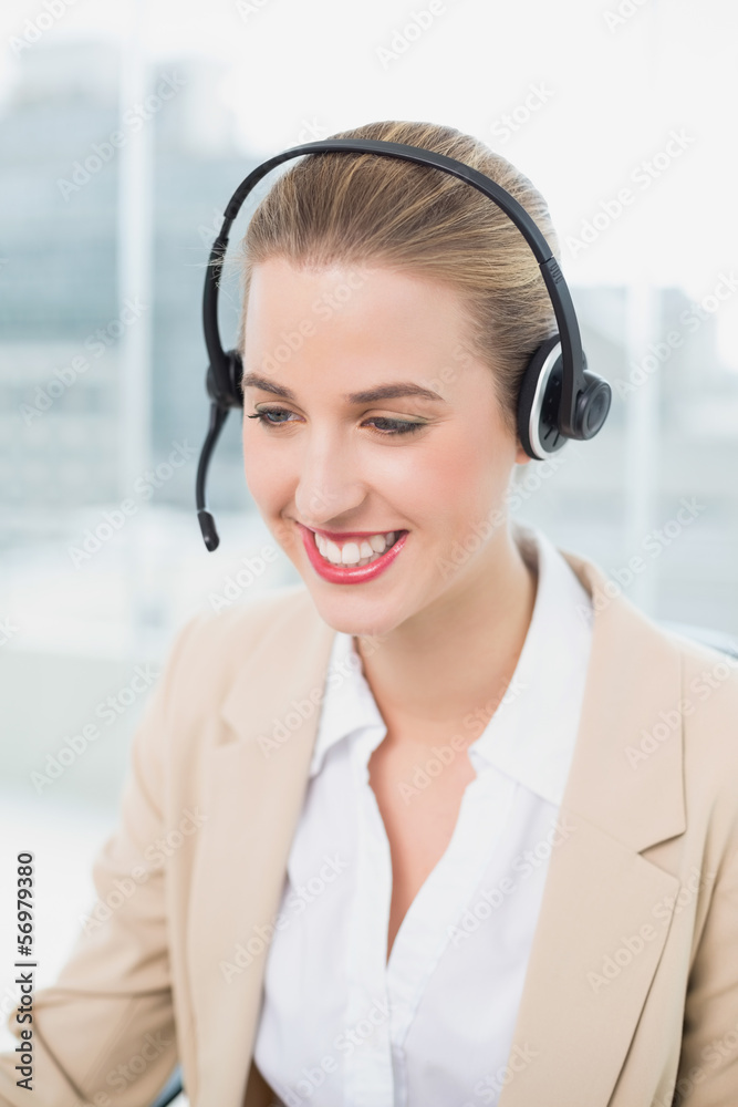 Smiling pretty agent dealing with customer Smiling pretty agent dealing with customer