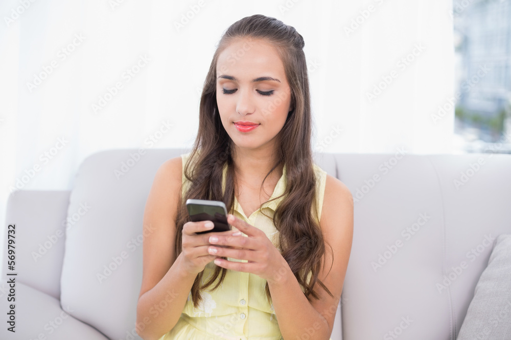 Calm pretty brunette holding smartphone Calm pretty brunette holding smartphone