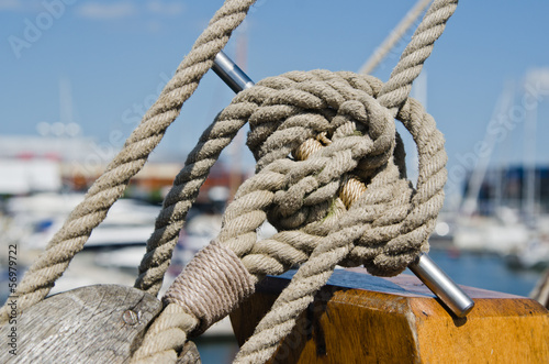 Blocks and rigging at the old sailboat, close-up