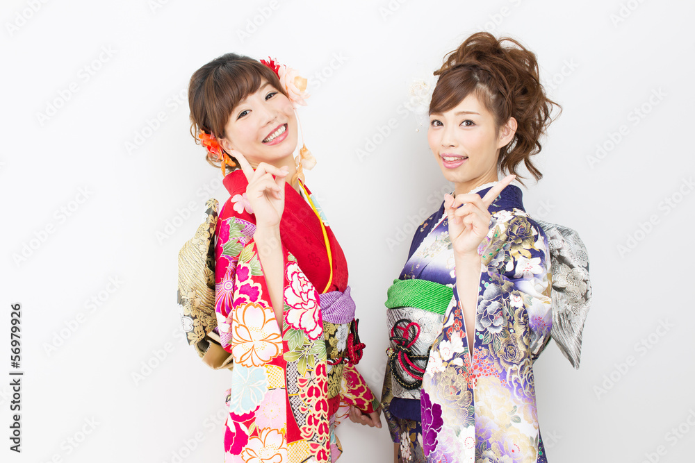 Beautiful asian kimono women on white background