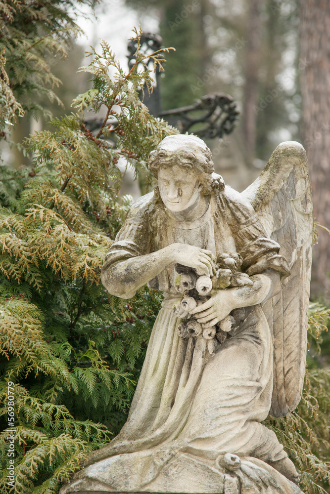 Weeping angel tombstone in famous Lychakiv Cemetery, Lviv