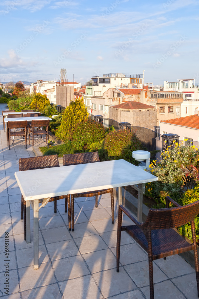 Naklejka premium Empty cafe tables high over city, Istanbul