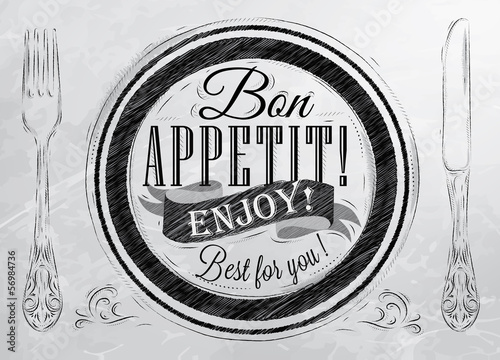 Bon appetit! enjoy! Best for you lettering on a plate with a for