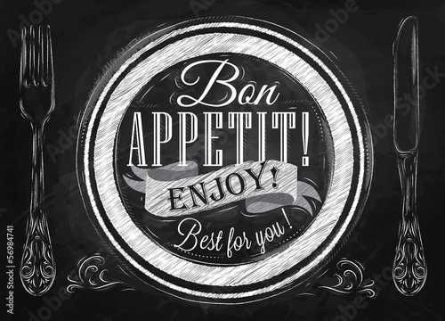 Bon appetit! enjoy! Best for you lettering on a plate with a for