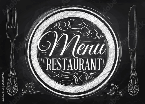 Menu restaurant lettering on a plate with a fork and a spoon on 