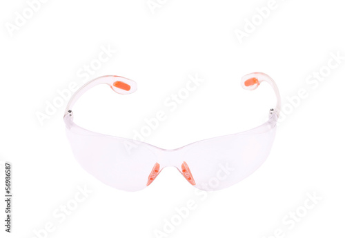 Transparent protective glasses with red inserts.
