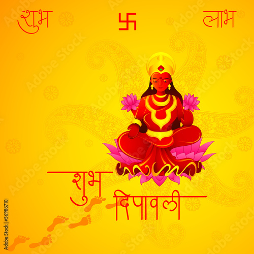 vector illustration of Godess Lakshmi with Happy Diwali message