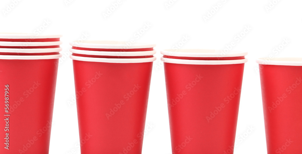 Four red plastic cups. Four red plastic cups.