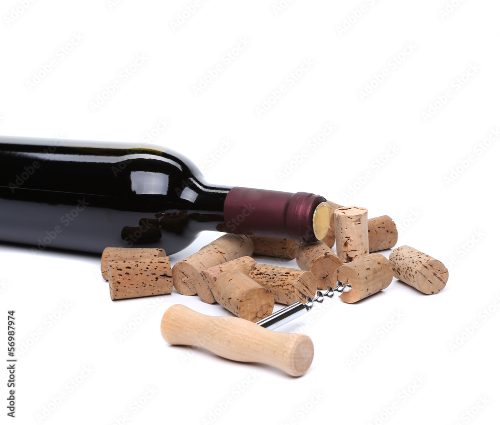 Bottle of wine corks leaf and corkscrew