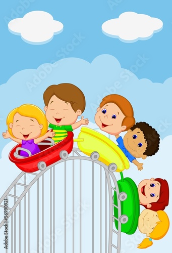 Cartoon kids riding roller coaster
