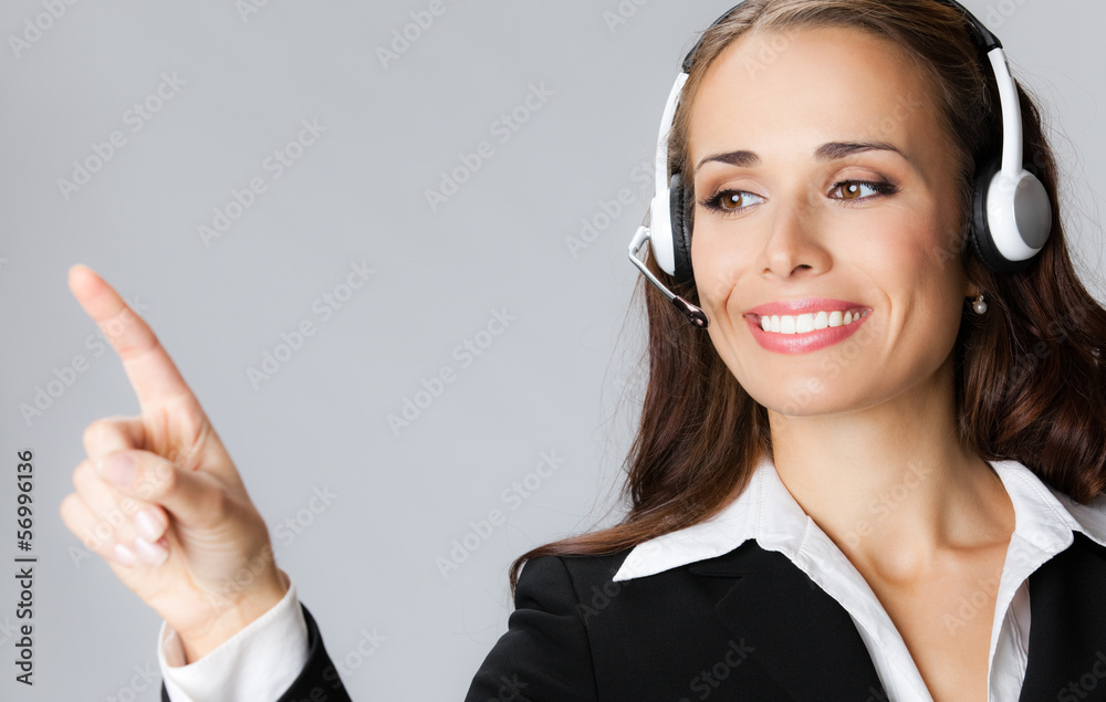 Support phone operator pointing, over gray Support phone operator pointing, over gray