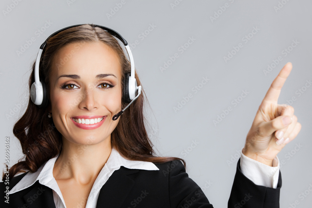 Support phone operator pointing, over grey Support phone operator pointing, over grey