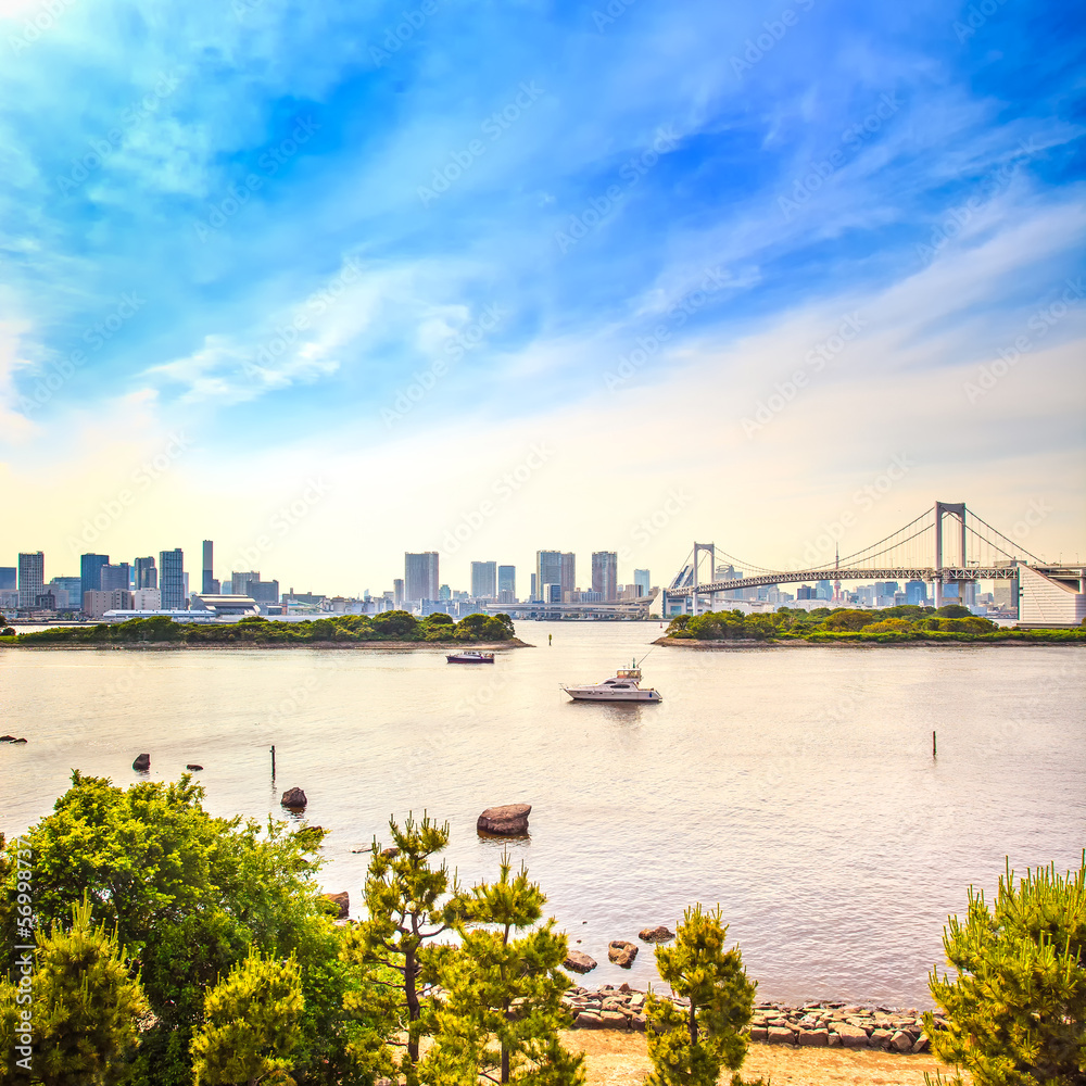 Obraz premium Tokyo sunset Skyline, Rainbow Bridge and bay from Odaiba. Japan