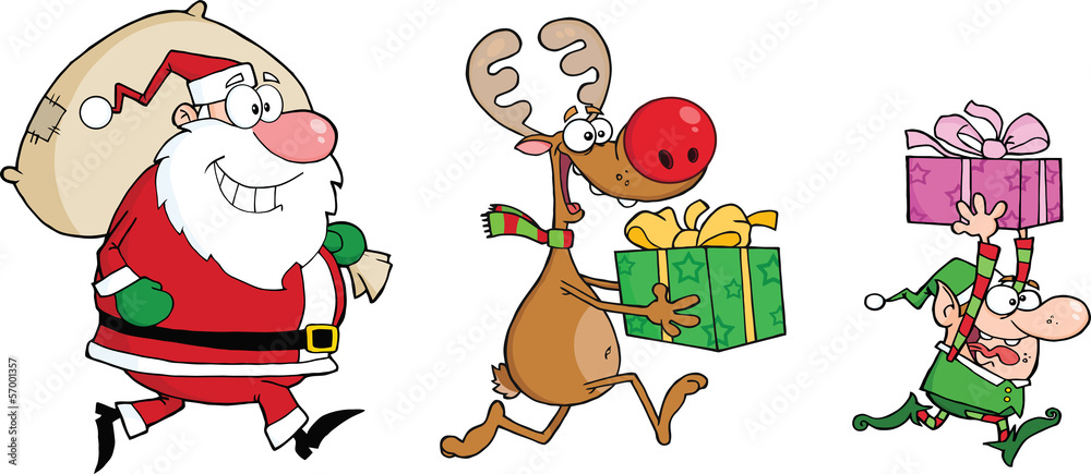 Naklejka premium Reindeer, Elf And Santa Claus Carrying Christmas Presents