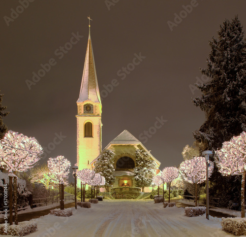 Street and Church in Wallisellen, Illuminated for the Christmas photo
