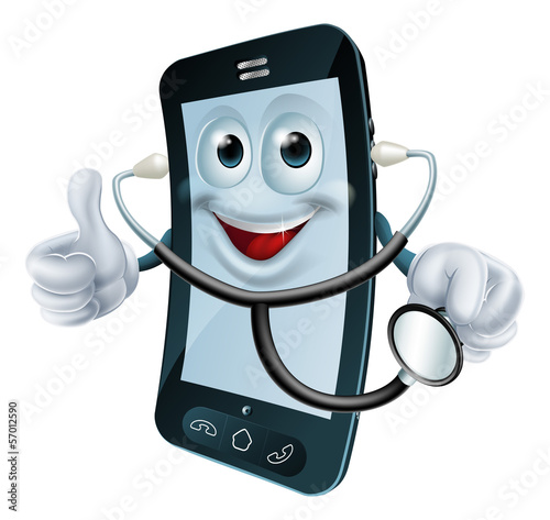 Cartoon phone character holding a stethoscope
