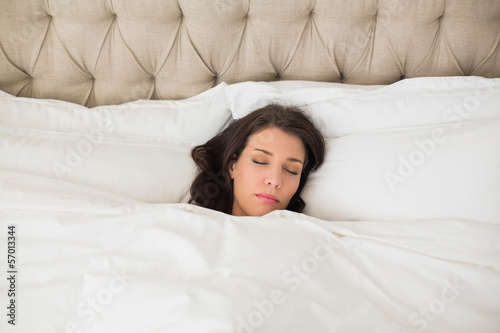 Calm pretty brown haired woman sleeping in her bed