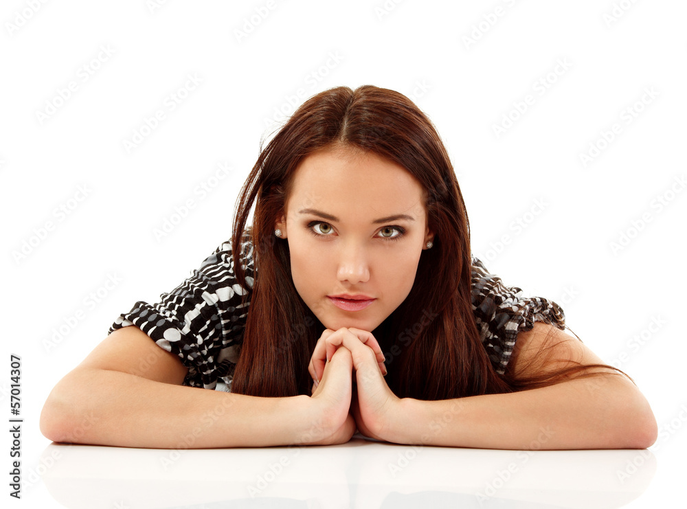 young woman beautiful cheerful lying isolated on white