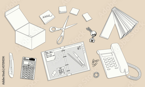 Office desktop with equipment - outline illustration