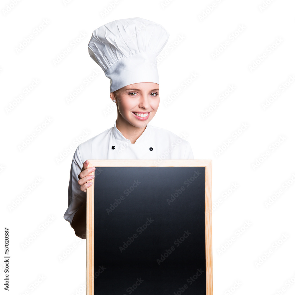 junge Köchin mit Kreidetafel junge Köchin mit Kreidetafel