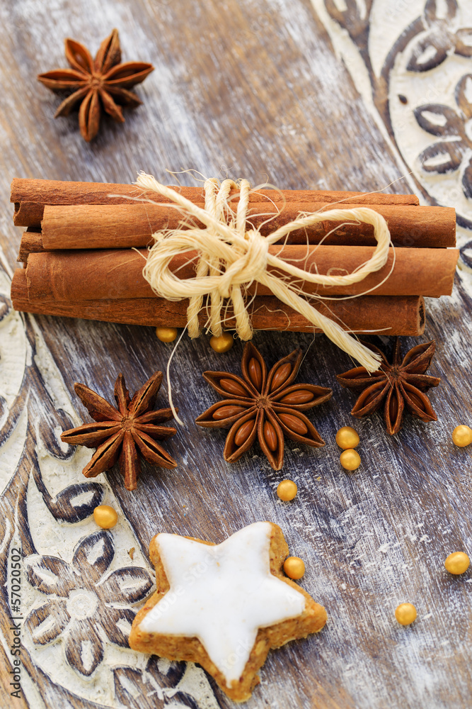 Spices, ginger and anise stars with cinnamon sticks Spices, ginger and anise stars with cinnamon sticks