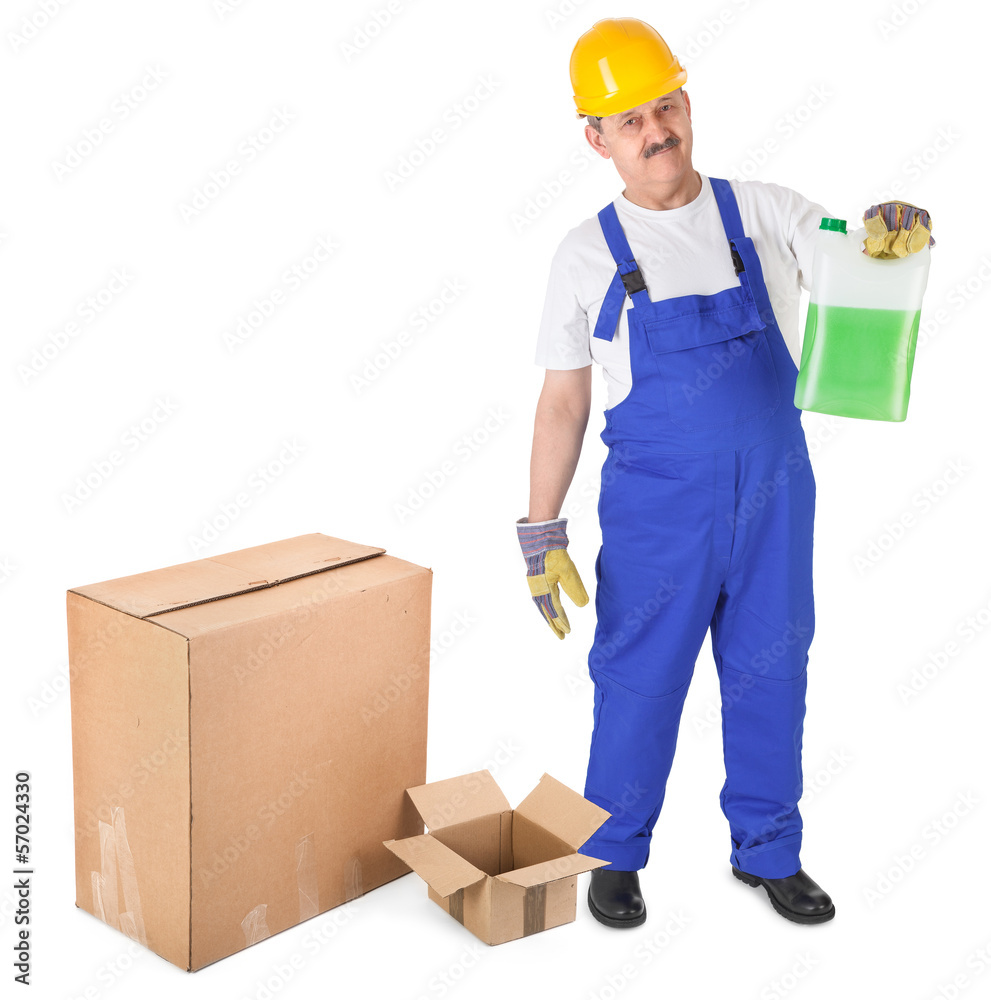 worker recives delivery with green liquid worker recives delivery with green liquid