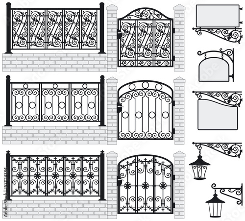 Set of iron wrought fences, gates, signboards, lanterns.Vector