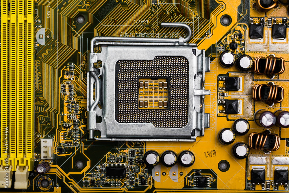 Fototapeta premium Computer motherboard closeup to cpu and ram socket