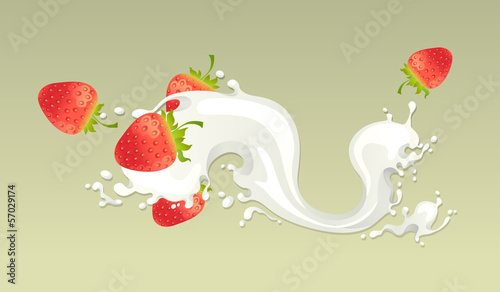 Milk splash with strawberry on light background.