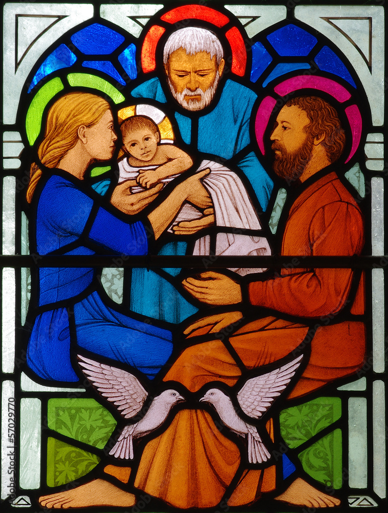 Jesus, St. Mary and Joseph in stained glass