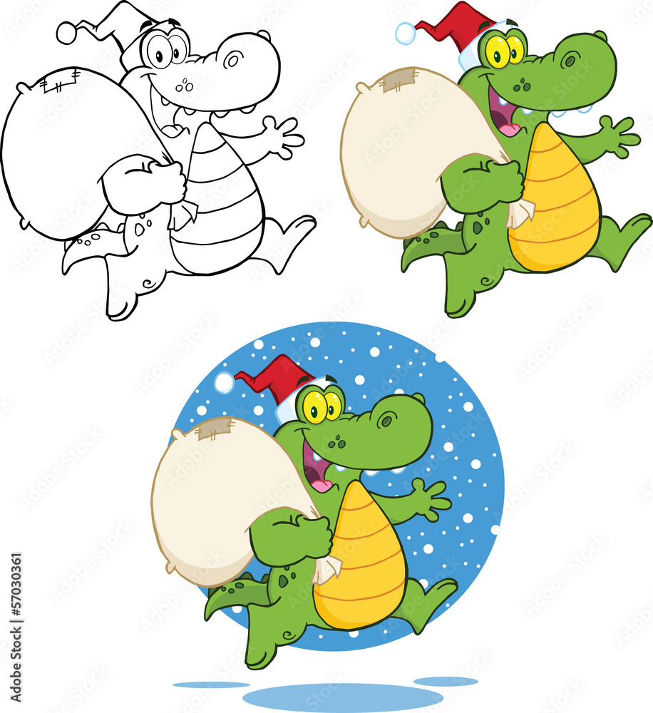 Obraz premium Crocodile Santa Character Running With Bag. Collection Set