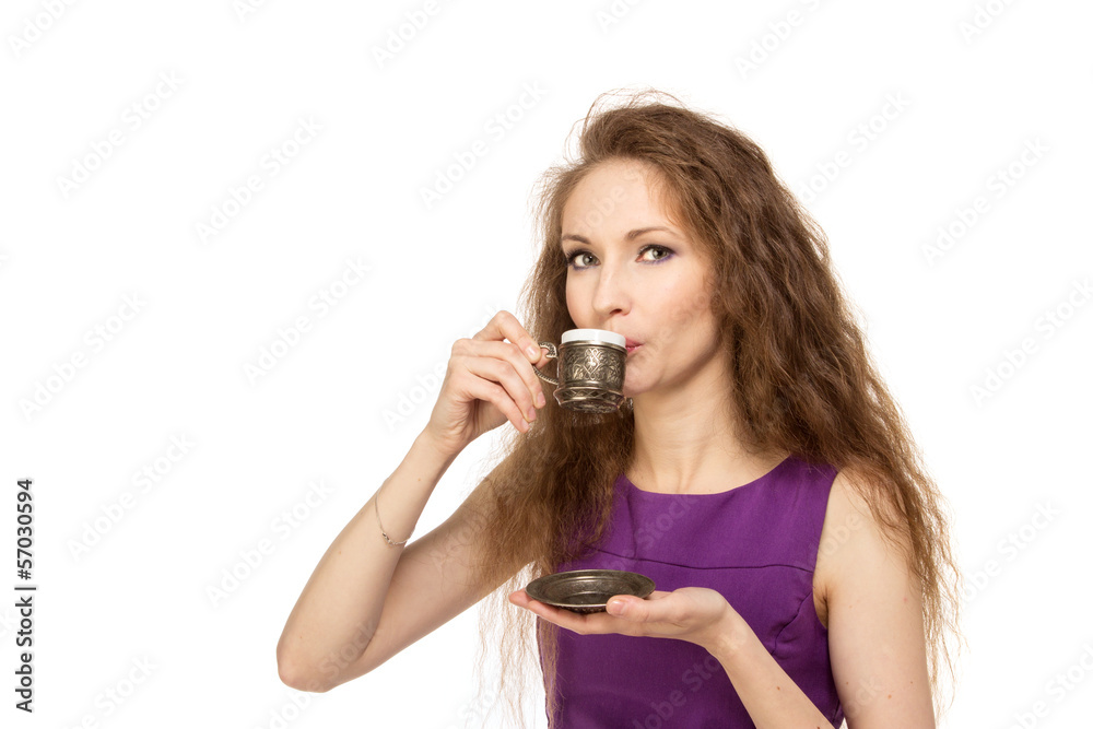 Young happy woman holding a coffee cup isolated Young happy woman holding a coffee cup isolated