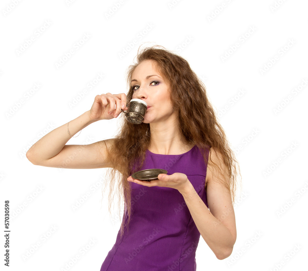 Young happy woman holding a coffee cup isolated Young happy woman holding a coffee cup isolated